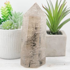 Alternative view of Large Black Tourmaline Rutilated Smoky Quartz Tower