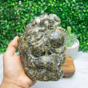 Alternative view of Golden Mica Muscovite Dragon Carving